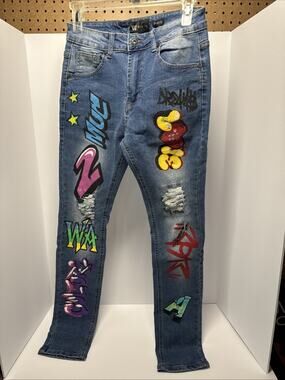 Waimea Graffiti Art Skinny Fit Jeans Distressed Stretch Denim Size 16 Boys/Teen